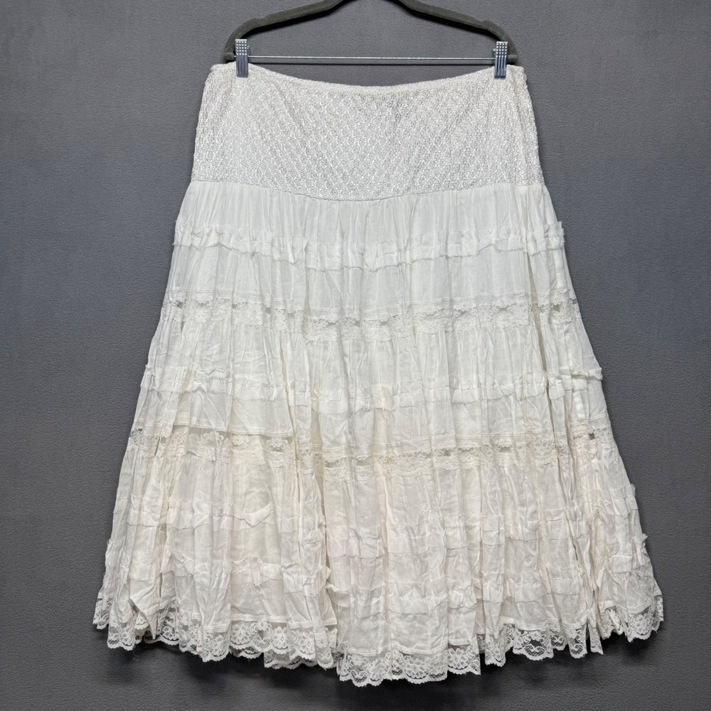 Vintage Boston Proper Tiered Fairy Midi Skirt Boho Lace Cotton 16 White Flowy